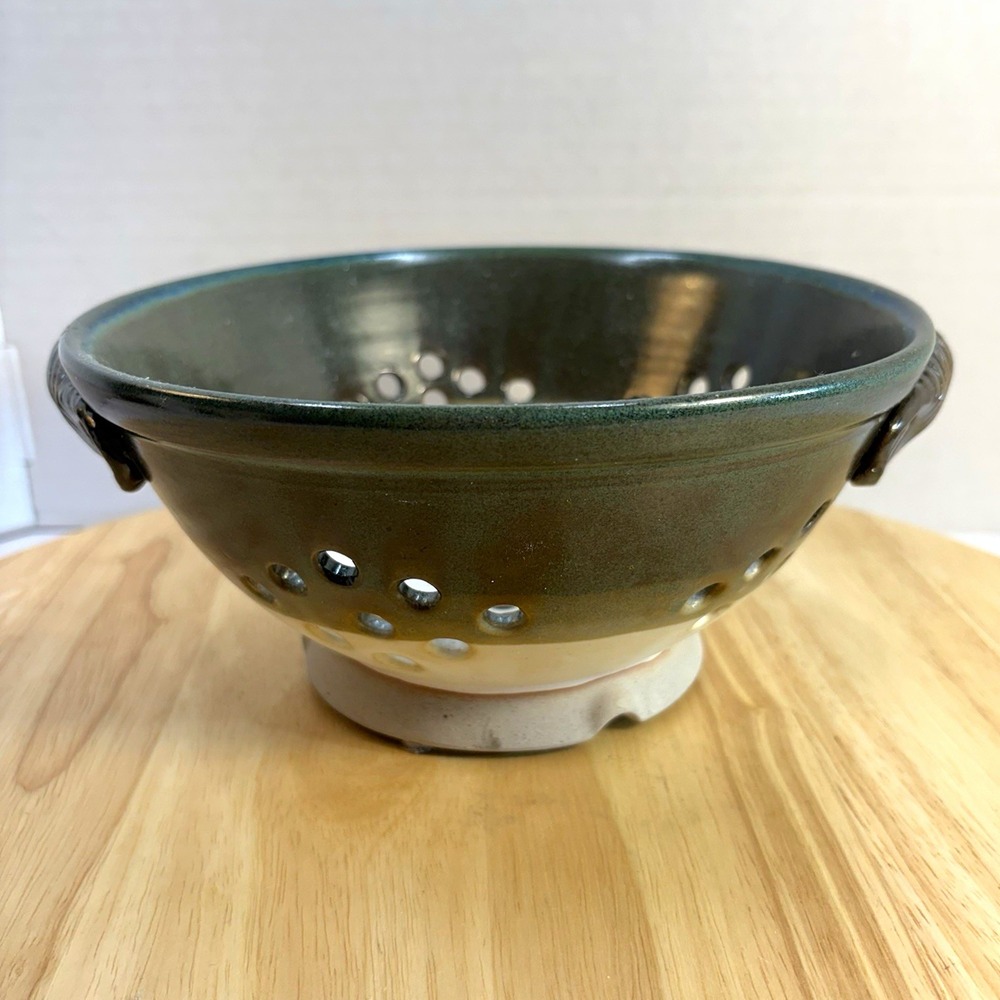 Ceramic Colander Strainer Bowl Green/Beige Traditional Small 3.75 in w/ Handles